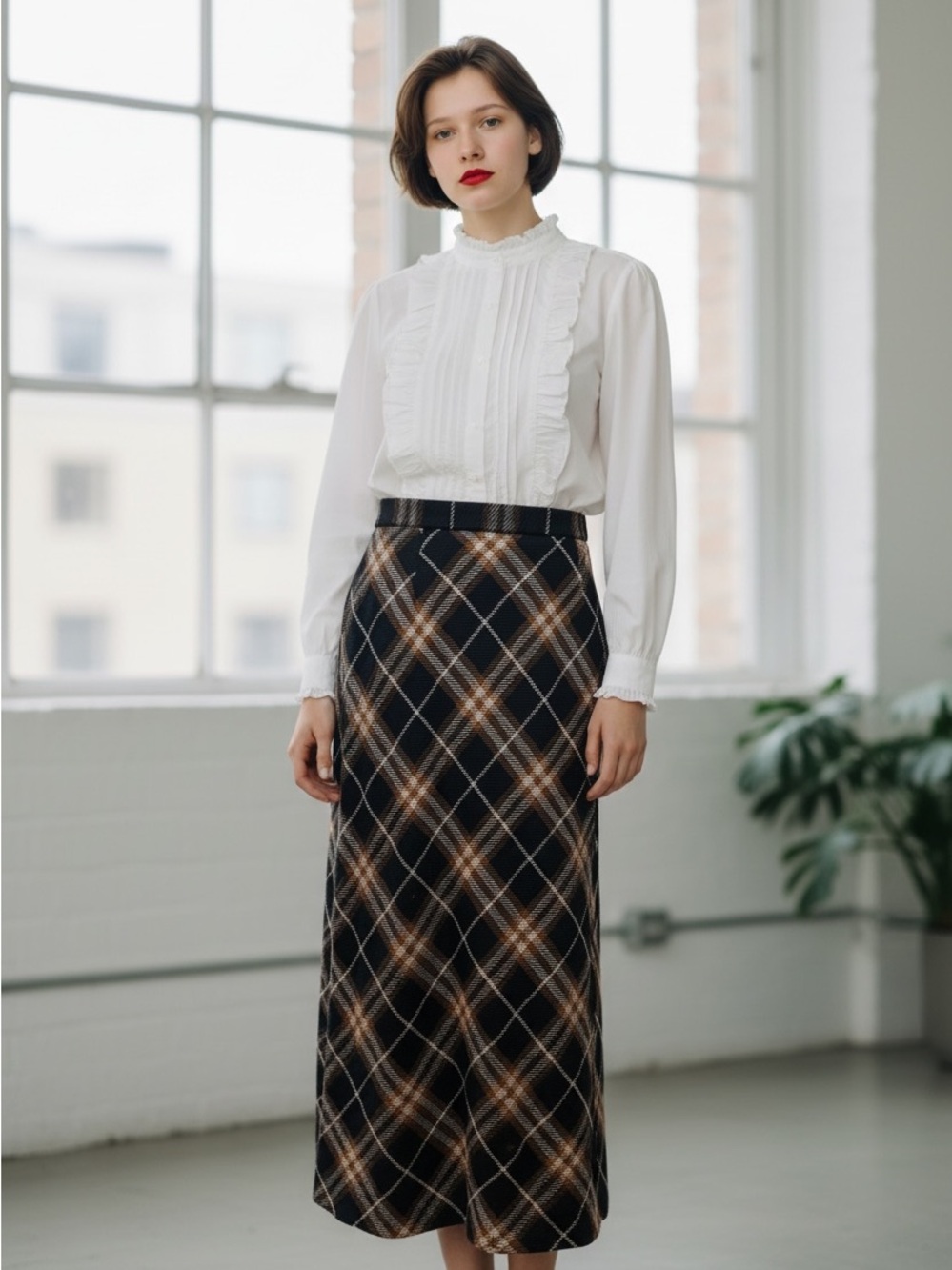 Burberry Navy and Brown Plaid Maxi Skirt